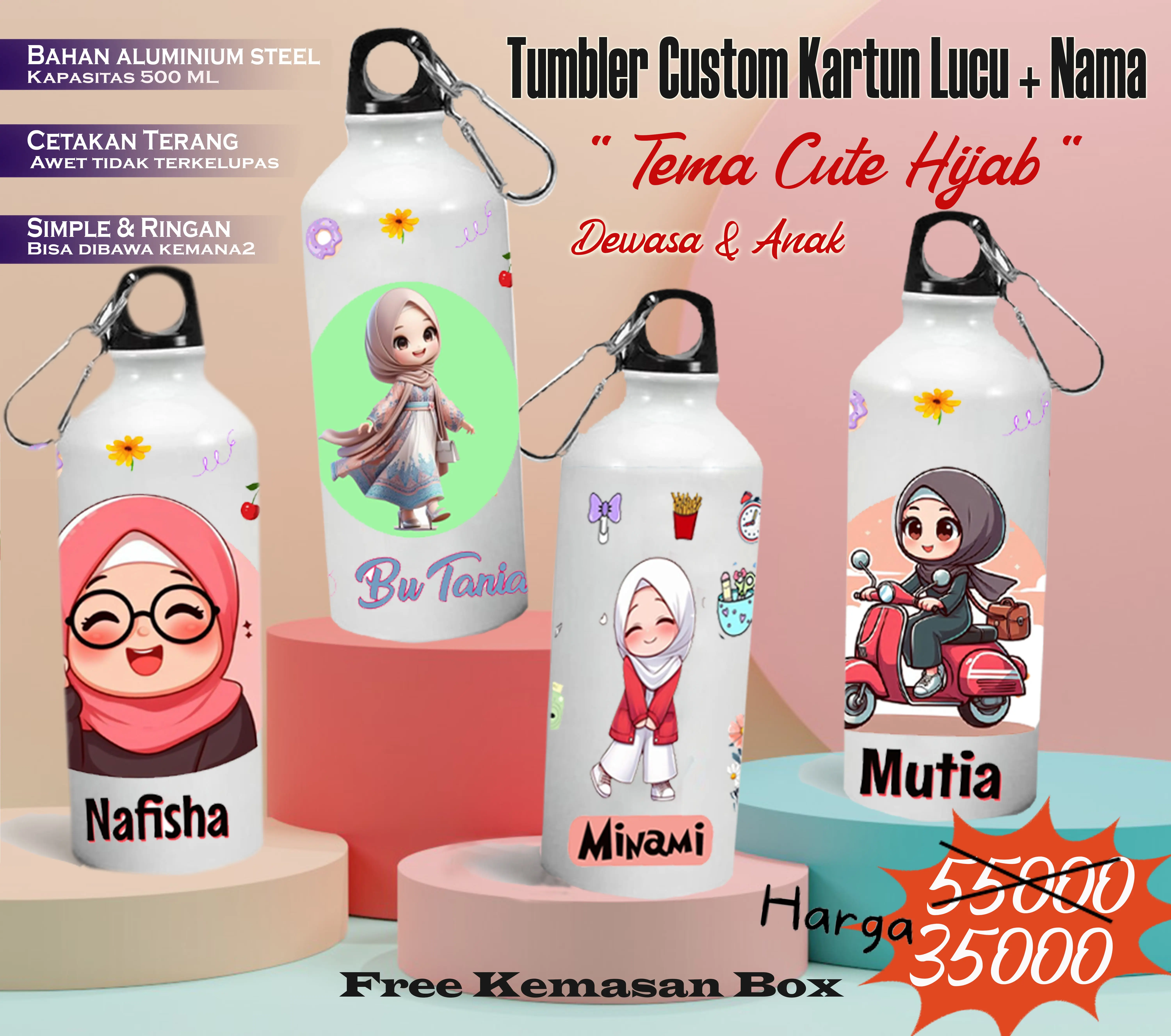 TUMBLER sport custom kartun lucu tema HIJAB CUTE dewasa & anak   tumbler