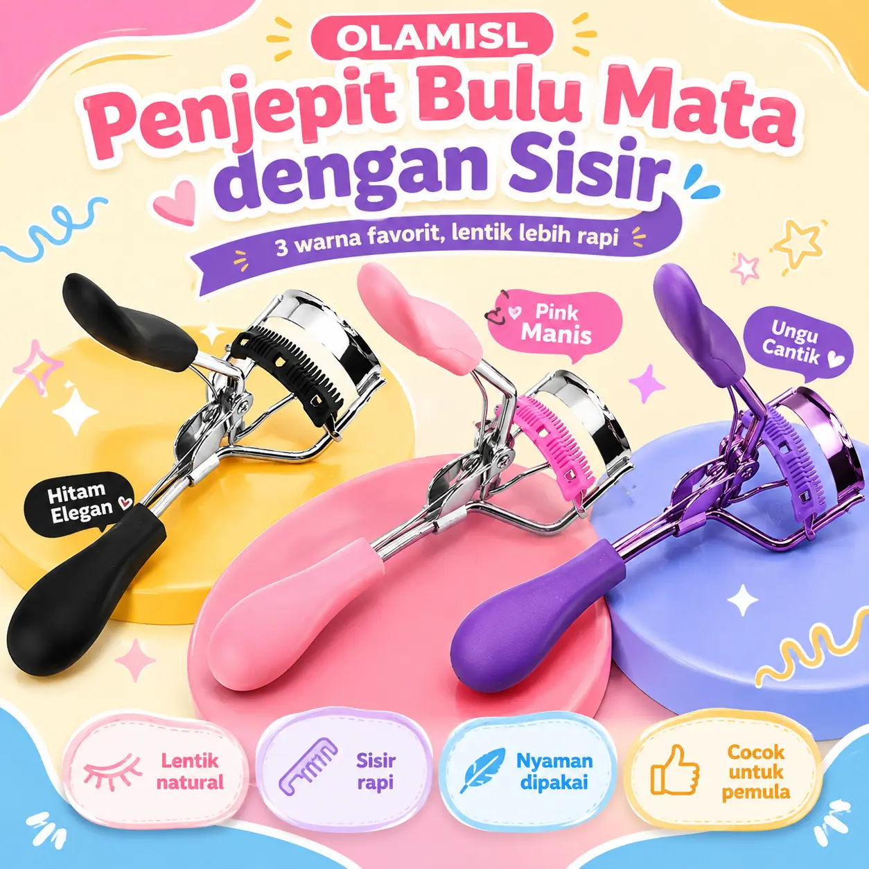 OLAMISL Penjepit Bulu Mata dengan Sisir, Sekali Jepit Langsung Lentik, Rapi & Cocok untuk Pemula