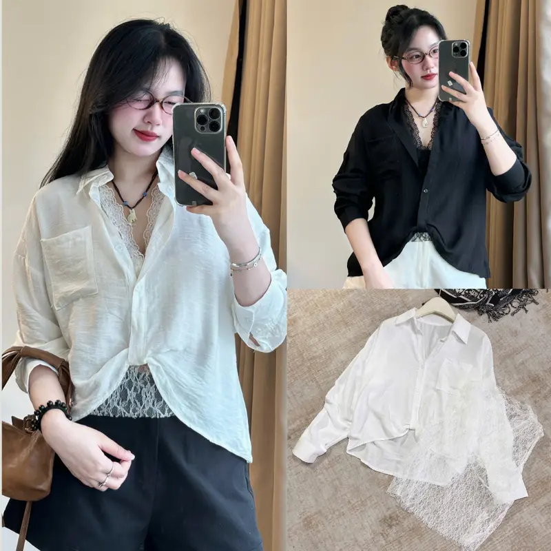 247store - Áo Sơ Mi Trắng Đũi Mềm Kèm Lót Ren Sang Chảnh set 2 chi tiết 402/241 1