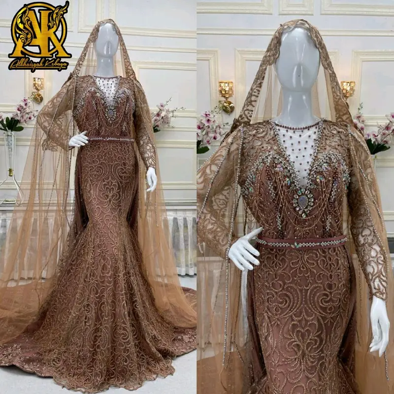 Gaun pengantin slim full payet ekor lepas pasang Mewah wedding Dress Pernikahan 3