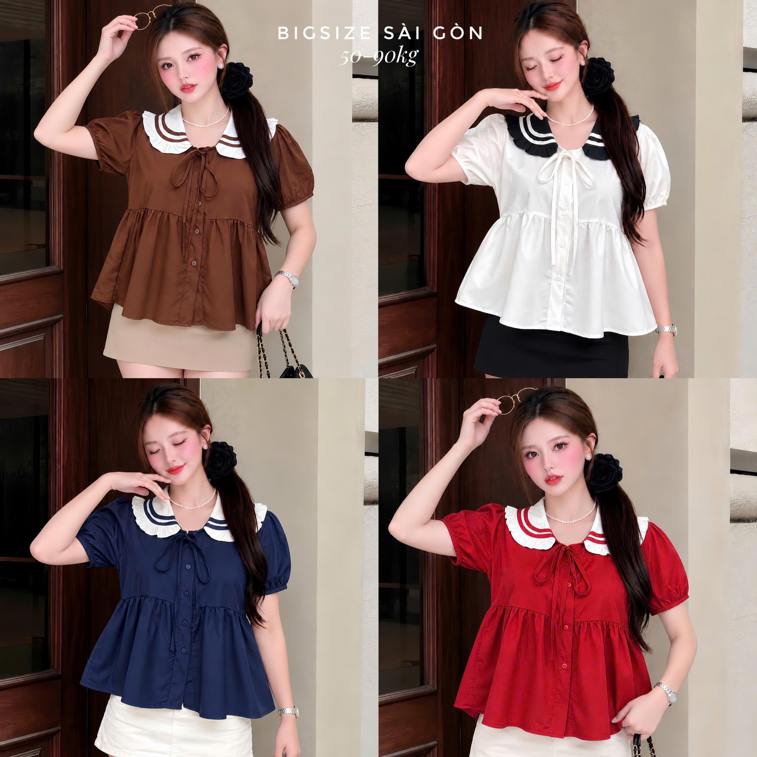 Áo Kiểu Nữ Bigsize Babydoll Cổ Bèo Phối Viền Chất Lụa Hàn Mịn 50–90kg Bigsize Sài Gòn - A.1881