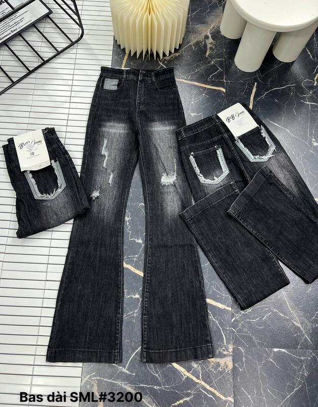   Dài 100cm  Quần Jean Nữ Ống Loe Rách Ít Túi Sau Tua Rua 80 - 81 