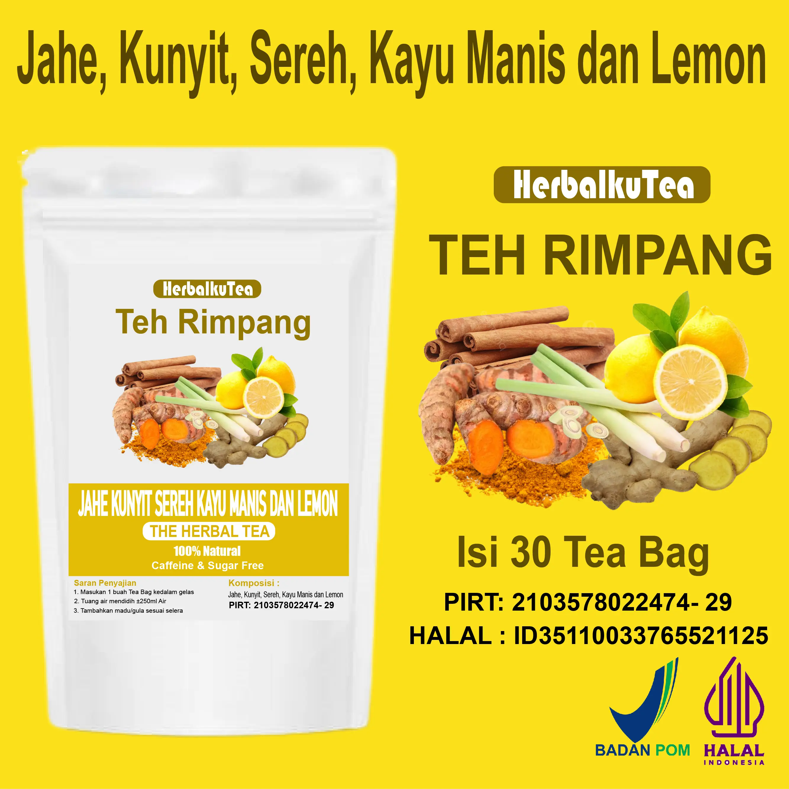 Teh Sereh Kunyit Jahe Kayu Manis dan Lemon Isi 30 Tea Bag Minuman Herbal Instant
