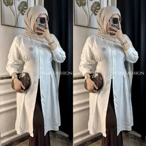 Selina Tunik Long Outer Atasan Wanita Polos  Kekinian Kerah Bulat Kancing Aktif Tali Samping Lengan Manset LD 110cm Polo Linen