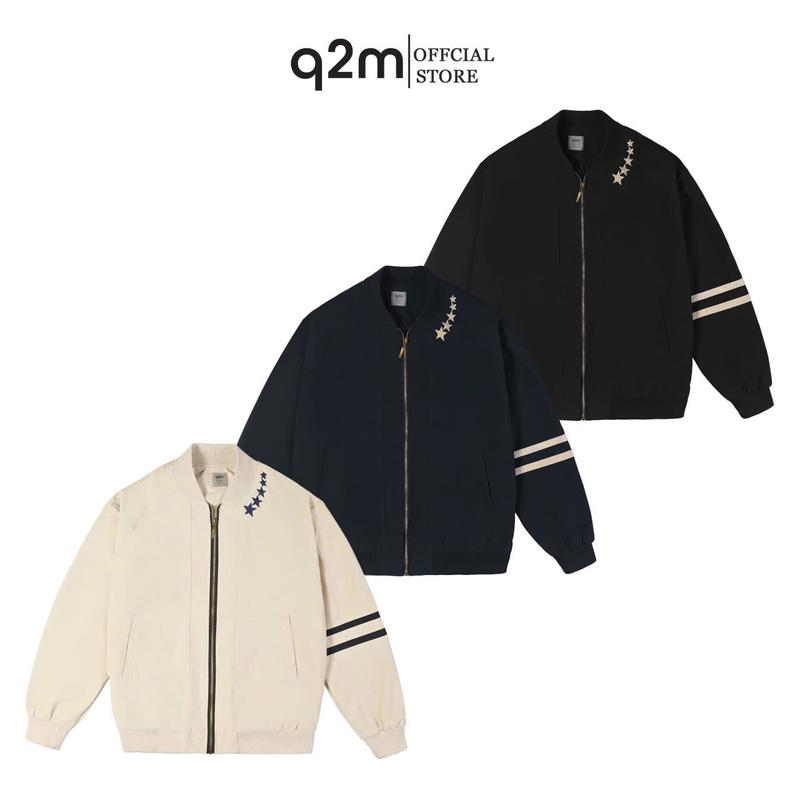 Áo Khoác Bomber Gió thương hiệu q2m Màu Xanh Be Thêu Sao mã ABB.02