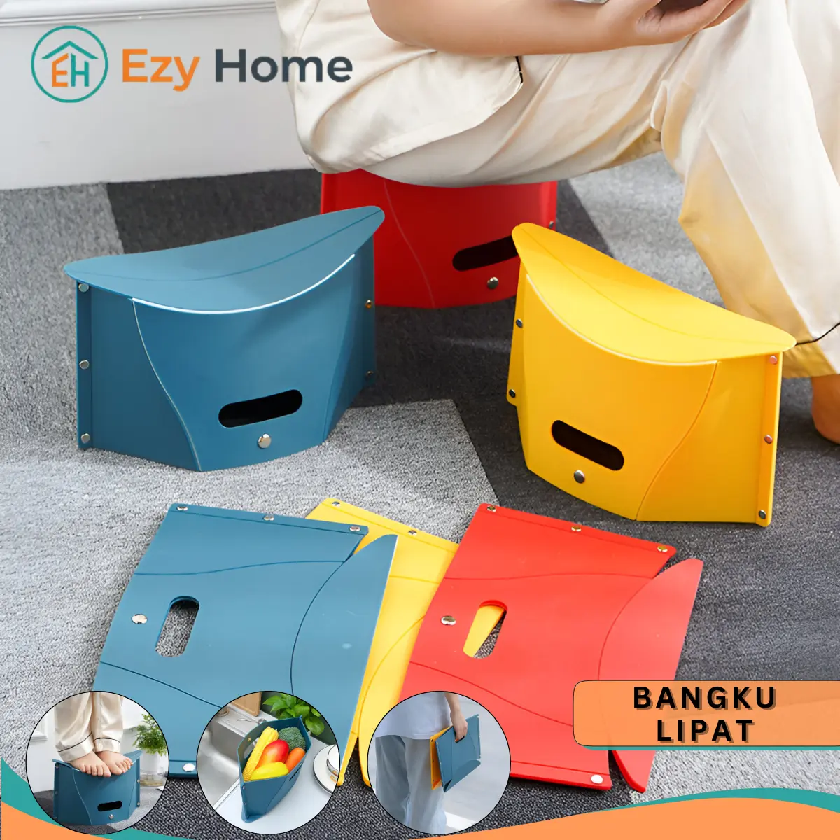 Ezy Home - Kursi Lipat Portabel Plastik Minimalis, Bangku Outdoor/Indoor, Kuat, Ringan & Praktis