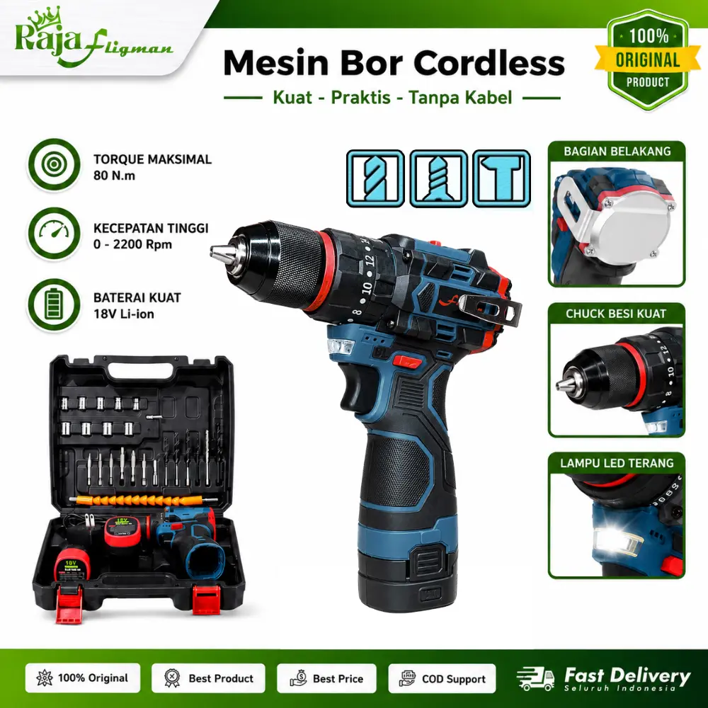 FLIGMAN Cordless Electric Impact Drill Brushless 10MM Keyless 2Baterai Mesin Bor Cordless Drill Screwdriver Bor Tangan Baterai 16,8V
