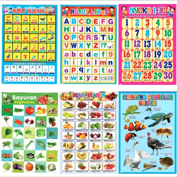 Paket 6 Lembar Poster Edukasi Anak, Hijaiyah/huruf lepas/Angka/Buah/Sayur/Hewan Belajar Stationery