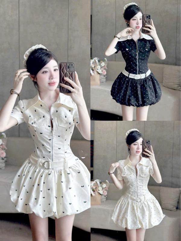 [ Kèm đai+ quần rời]  Váy sơ mi khoá in hình hoa tiết xinh xắn, Đầm cổ sơ mi váy bồng bềnh chất thô mềm 2 lớp dày dặn phong cách tiểu thư sang chảnh KAZYDRESS S310