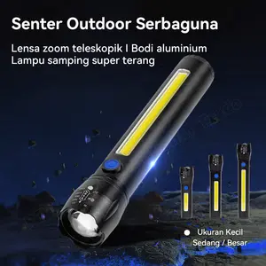 HW03 Senter Outdoor COB Super Terang - Zoom Teleskopik Aluminium dengan Samping Lampu, USB Rechargeable
