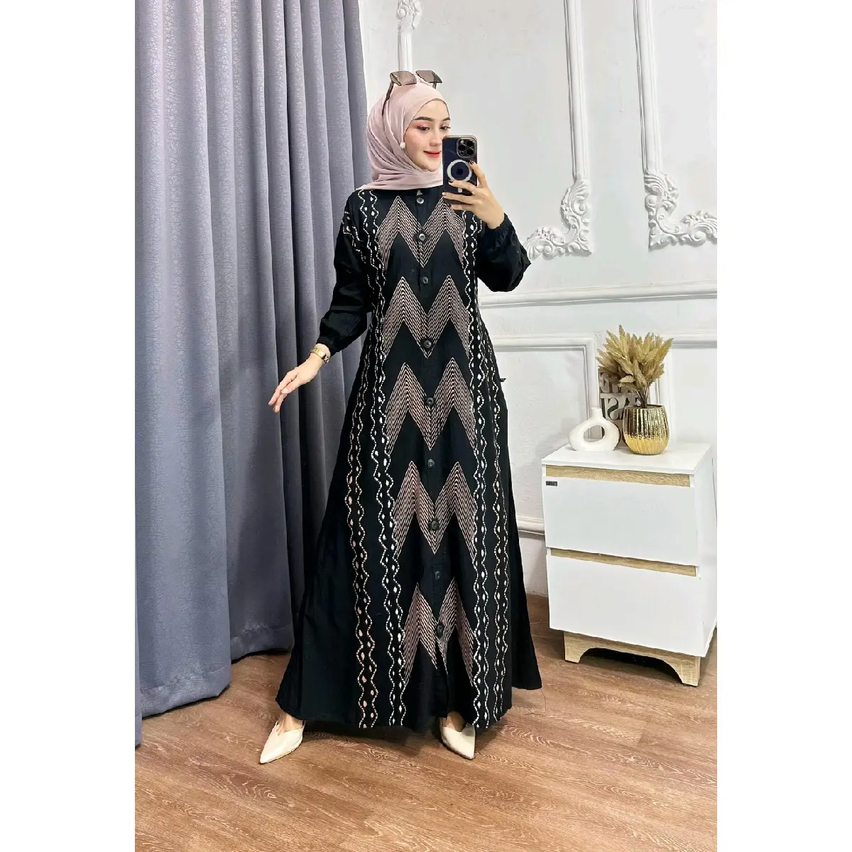 Gamis Twill Rayon Cap Malaman Premium Full Kancing Busui Friendly Panjang Motif