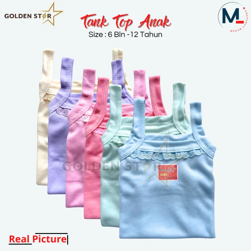 6 & 12 tentop anak warna warni / tangtop anak perempuan Renda / tangtop anak lusinan golden Star / tentop anak  6–12 tahun tank top anak 9–12 kaos dalam baju dalaman Fashion Atasan 8