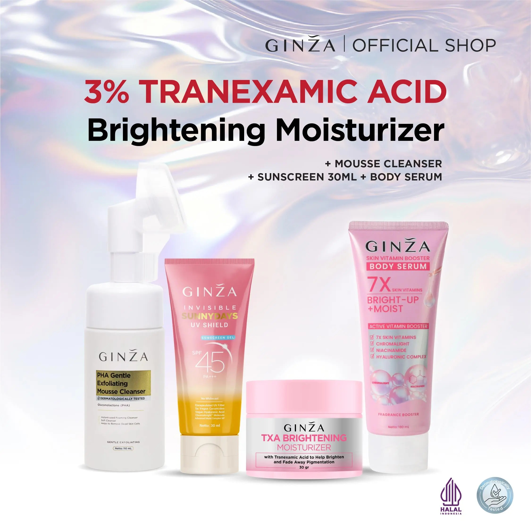 Ginza Complete Glow Set | Ginza Mousse Cleanser 100ml + Ginza 3% Tranexamic Acid Moisturizer TXA + Sunscreen 30ML + Body Serum 180ml [ISI 4PCS]