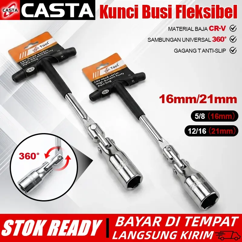 CASTA Kunci Busi Fleksibel Kunci Sok Busi Flexibel 16mm 21mm Kunci T Sok Spark Plug Socket Wrench T-Handle Rotasi 360 Lipat 270 Derajat Jangkauan Sempit Material CR-V Kuat Untuk Mobil Motor Universal Hasil Presisi Alat Teknik Bengkel