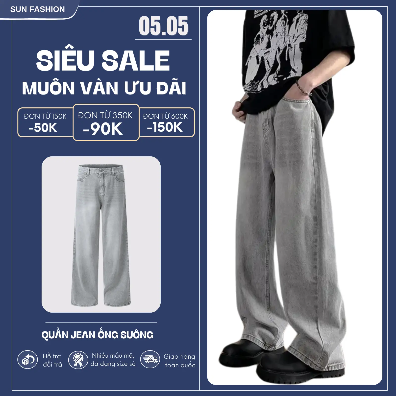Quần jean nam nữ SUN T9 WASH XÁM TRẮNG thiết kế ống suông basic dễ phối đồ, phong cách trẻ trung năng động  Pants Có Túi