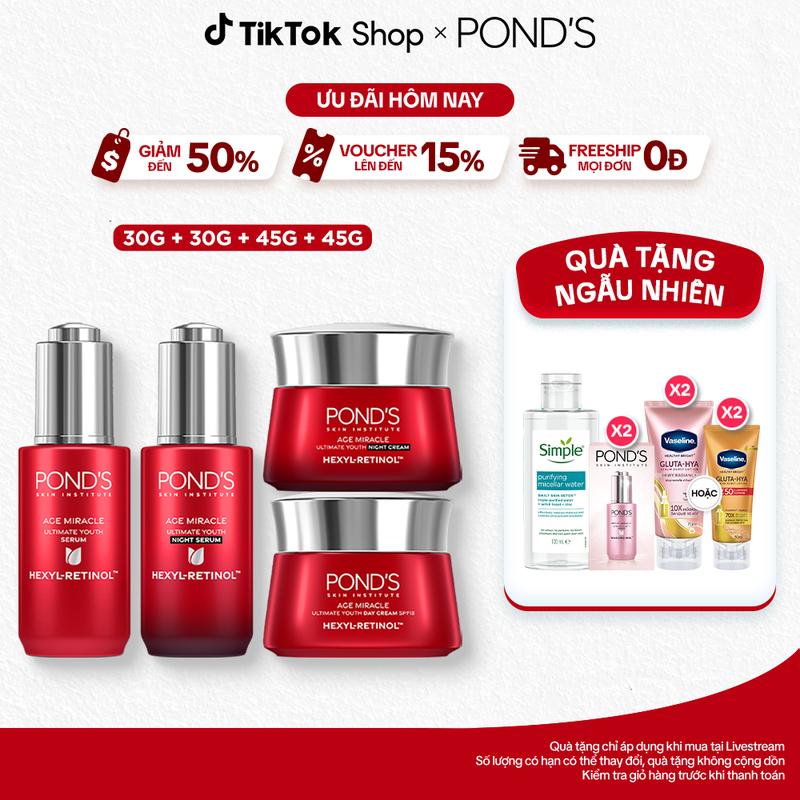 Bộ Skincare 2 Serum và 2 Kem Dưỡng Ngày & Đêm Pond's Age Miracle Hỗ Trợ Mờ Đốm Nâu, Nếp Nhăn với 50X Hexyl-Retinol 30G+30G+45G+45G Nữ