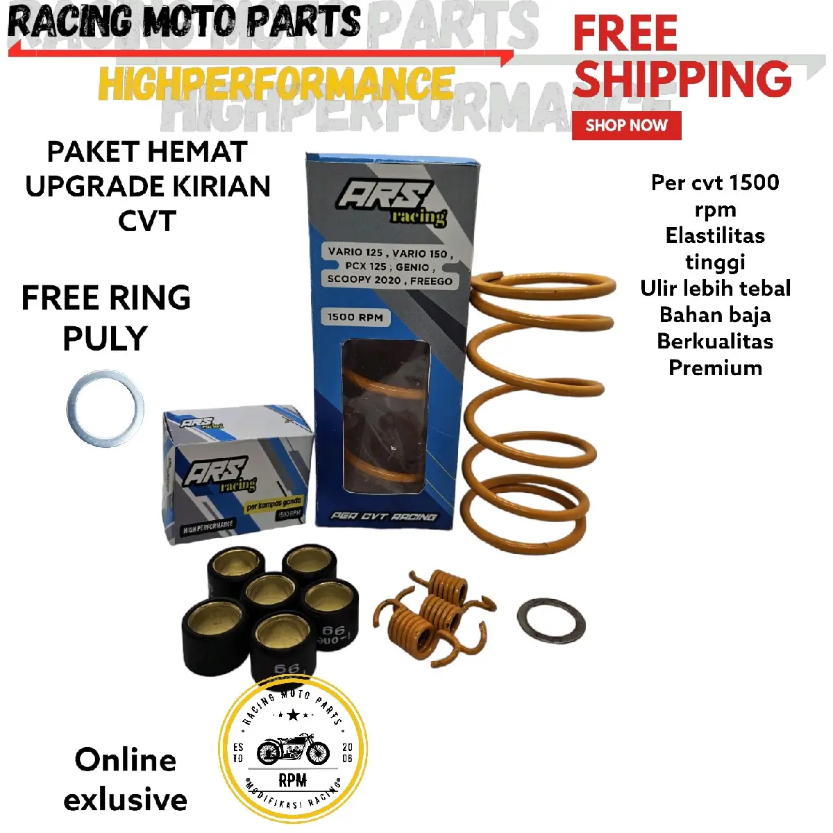 Paket Kirian CVT Vario 125 - Vario 150 - Vario 160 - Pcx 150 - Adv 150 - Scoopy FI 2020 - 2023 Paket Per cvt Racing 1500 Rpm Upgrade Cvt Freego Per ganda Per Sintri Roller Dan Ring pully Racing kualitas Bagus Motor Motorcycle