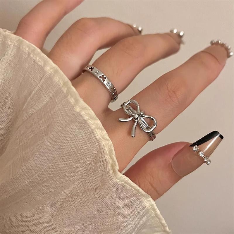 Bộ Nhẫn Nơ Bất Đối Xứng Đều Hàn Quốc Cho Nữ, Màu Bạc, Ins Tinh Xảo, Quà Tặng Ngày Lễ Tình Nhân 4