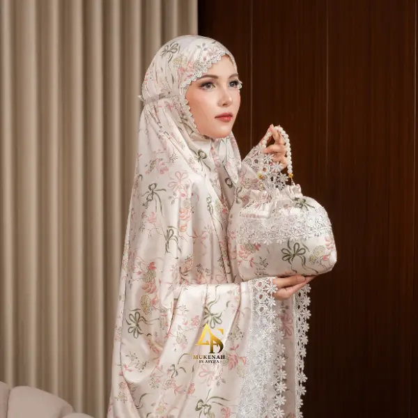 Asyifa - Mukena Hanifah Silk Premium Motif Bunga Pita Elegan dengan Renda Mewah Super Adem Cocok Untuk Mukenah Traveling Silky