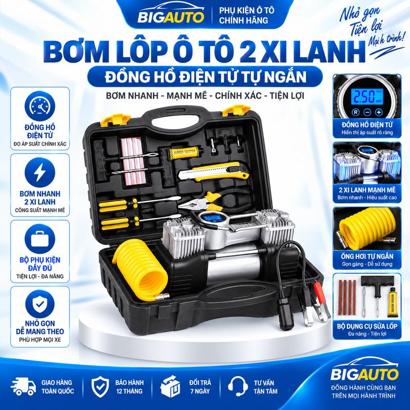 Bơm Lốp Ô Tô 2 Xi Lanh Công Suất Lớn Đồng Hồ Điện Tử Và Đồng Hồ Cơ, Tiện Dụng…