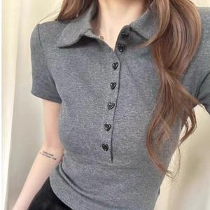 Women's Polo Neck Short Sleeve T-Shirt, Korean Style College Wind Summer Top, Slim Fit American Design, New Arrival 1634# Womenswear Basic Minimalist Casual