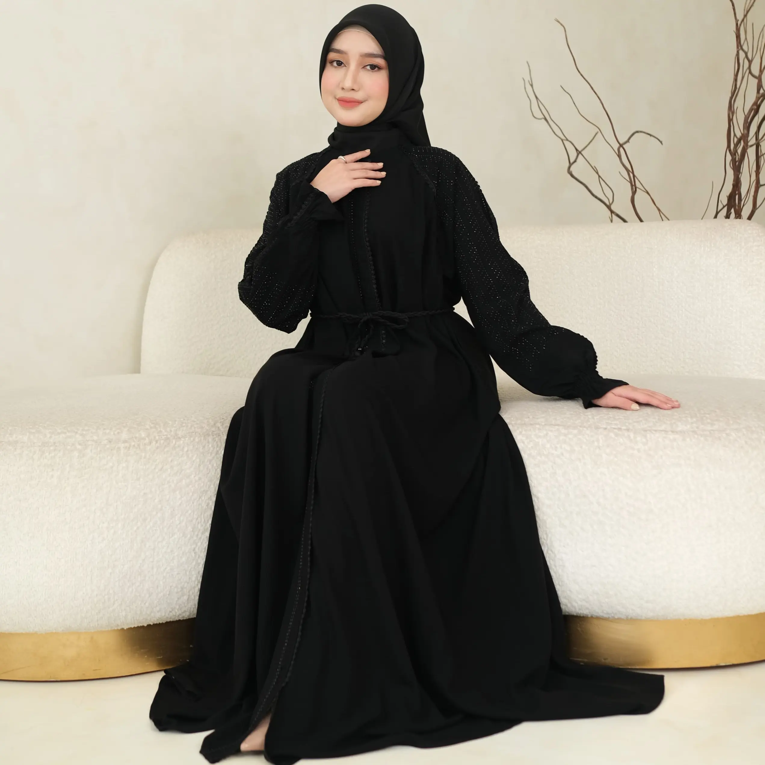 (SET HIJAB SEGIEMPAT) MAYESHA Black Abaya Terbaru FREE Tali Ikat Pinggang Kombinasi Mote SWAROSKY Gamis Hitam Makkah-Madinah Ready  Stok