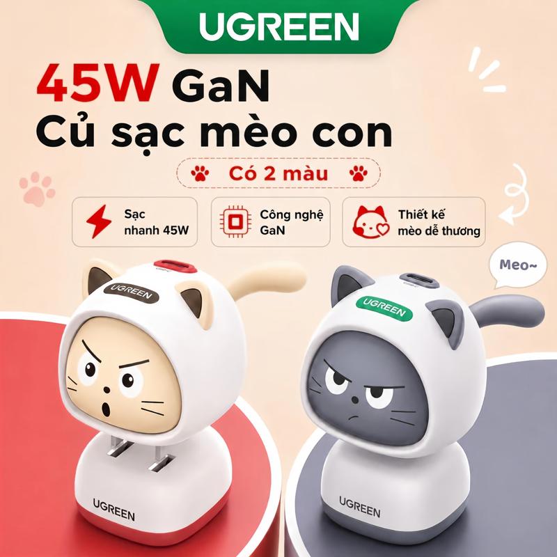 UGREEN Củ sạc GaN USB-C 45W hình mèo, sạc nhanh cho iPhone 17 Pro Max,16,15,14,13, Samsung