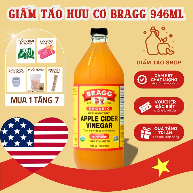 Giấm Táo Shop | Giấm táo Hữu cơ Bragg 946ml | Tặng Ly đong + Ống hút + Muối hồng + Hướng dẫn sử dụng