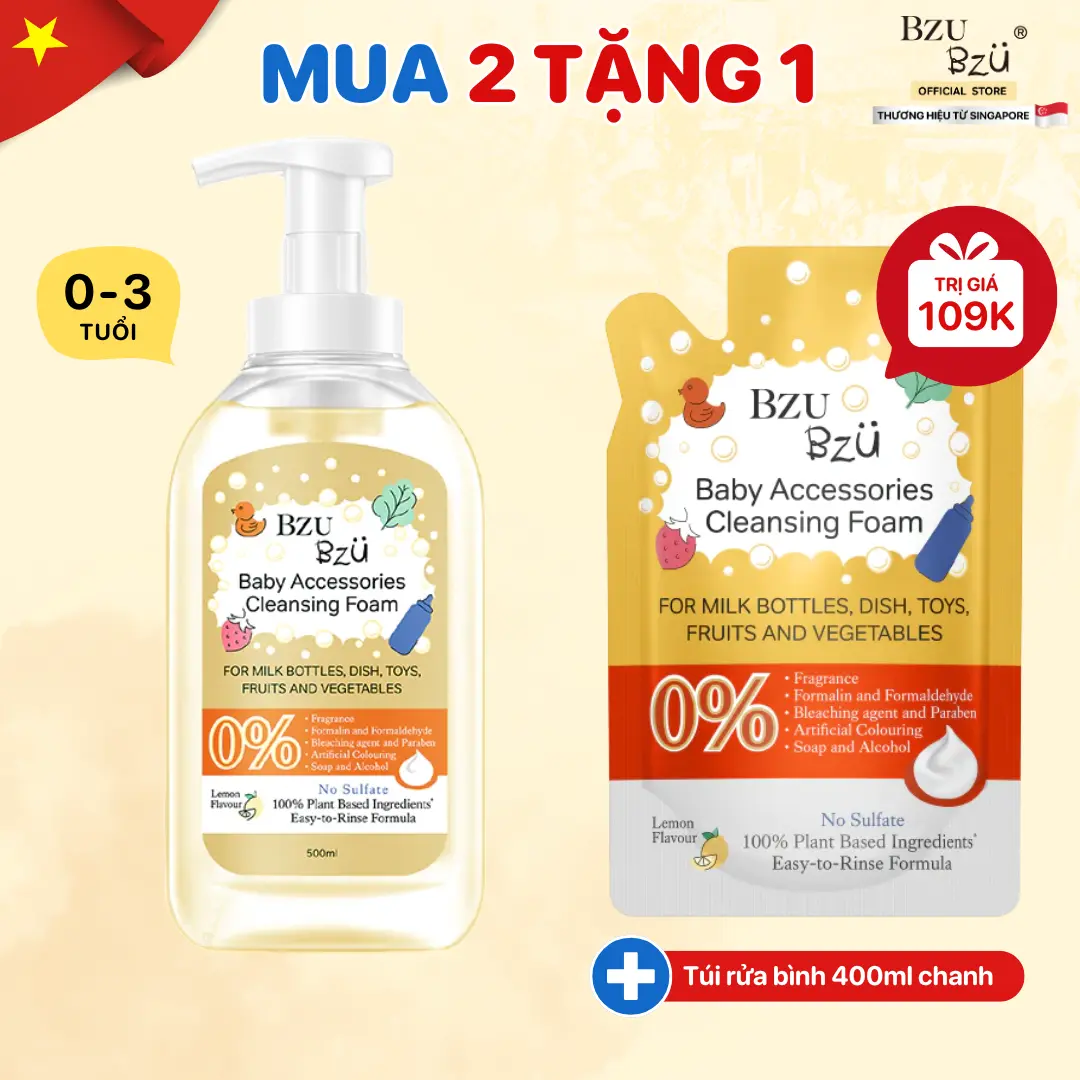 Nước Rửa Bình Sữa Và Đồ Dùng Em Bé BZU BZU Baby Accessories Cleansing Foam Tạo Bọt Chai 500ml Hương Chanh