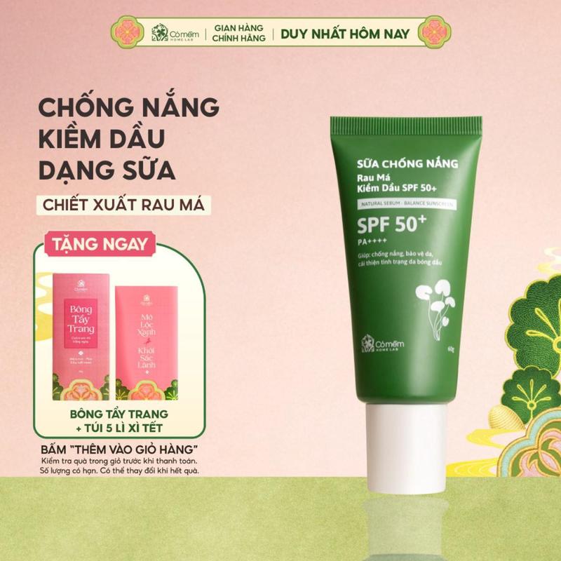 Sữa Chống Nắng Kiềm Dầu Ngừa Mụn Nâng Tone Rau Má Cho Da Dầu Mụn SPF 50+ PA++++ Cỏ Mềm 60gr