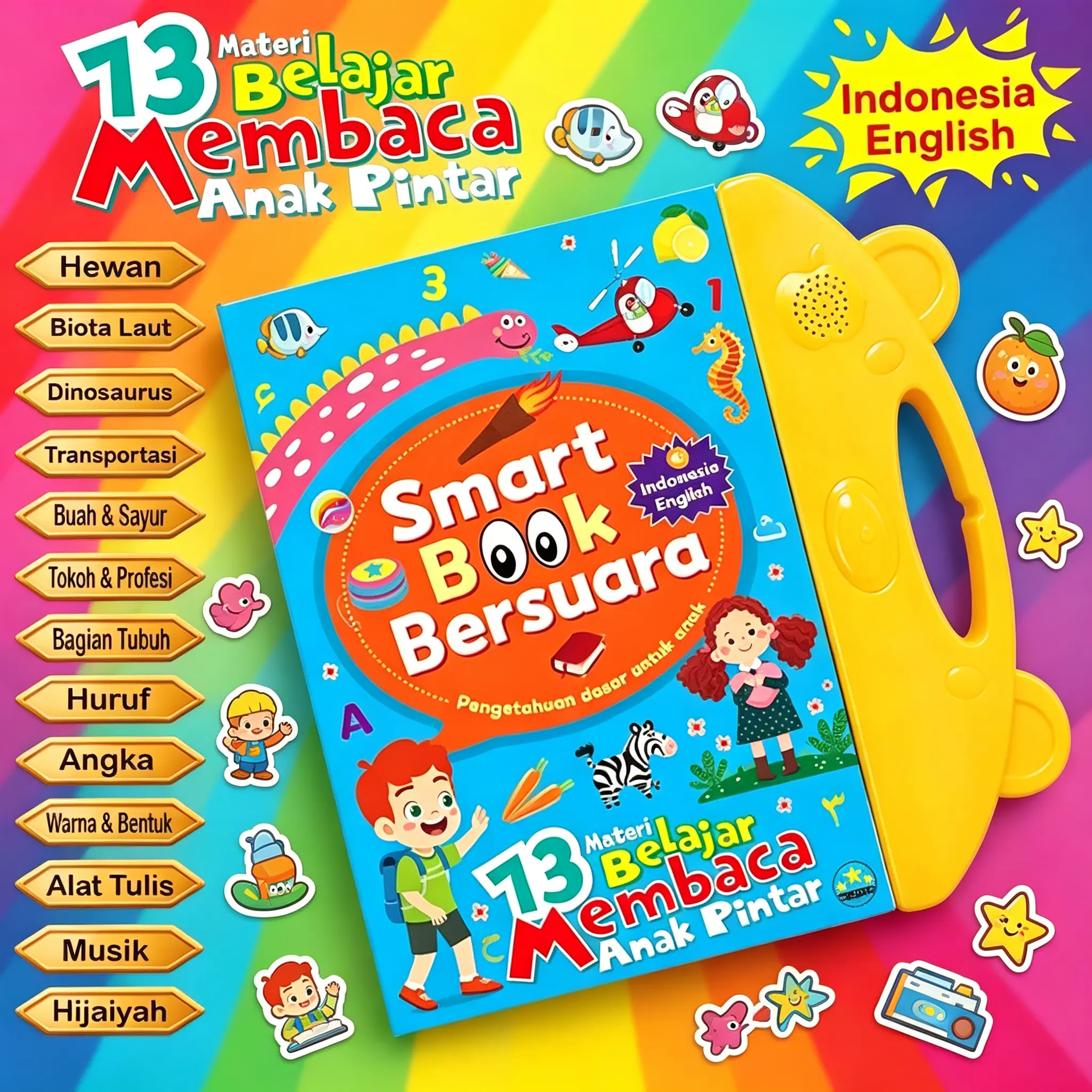 Buku Desain Ergonomis Anak Elektronik, Touch Sound Smart Book 3 Bahasa: Indonesia, Inggris, Mandarin. Mainan Edukasi Pegangan Nyaman, Ukuran Pas Tangan Kecil. Cocok Untuk Paud, Tk, 3-6 Tahun. 26 Materi: Abjad, Angka, Hewan Liar, Warna, Buah-Buahan