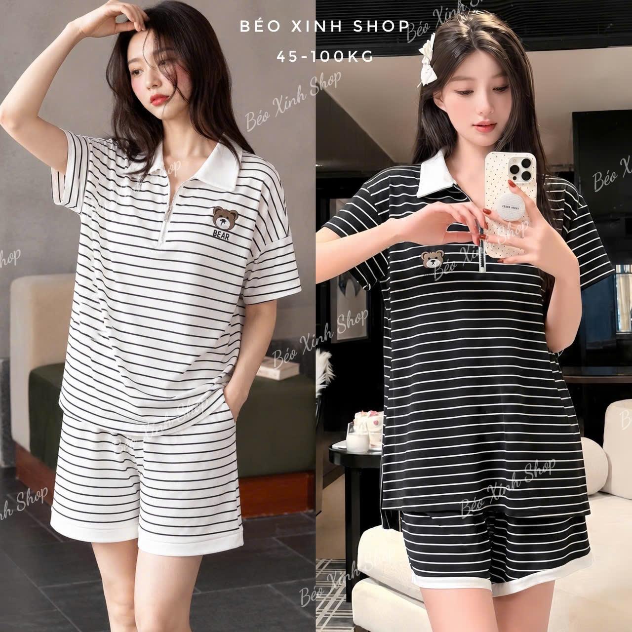 Set Bộ Nữ Bigsize Polo Kéo Khóa Sọc Cotton Thêu Gấu – Quần Short Form Rộng Che Dáng 45-100kg - A.1832