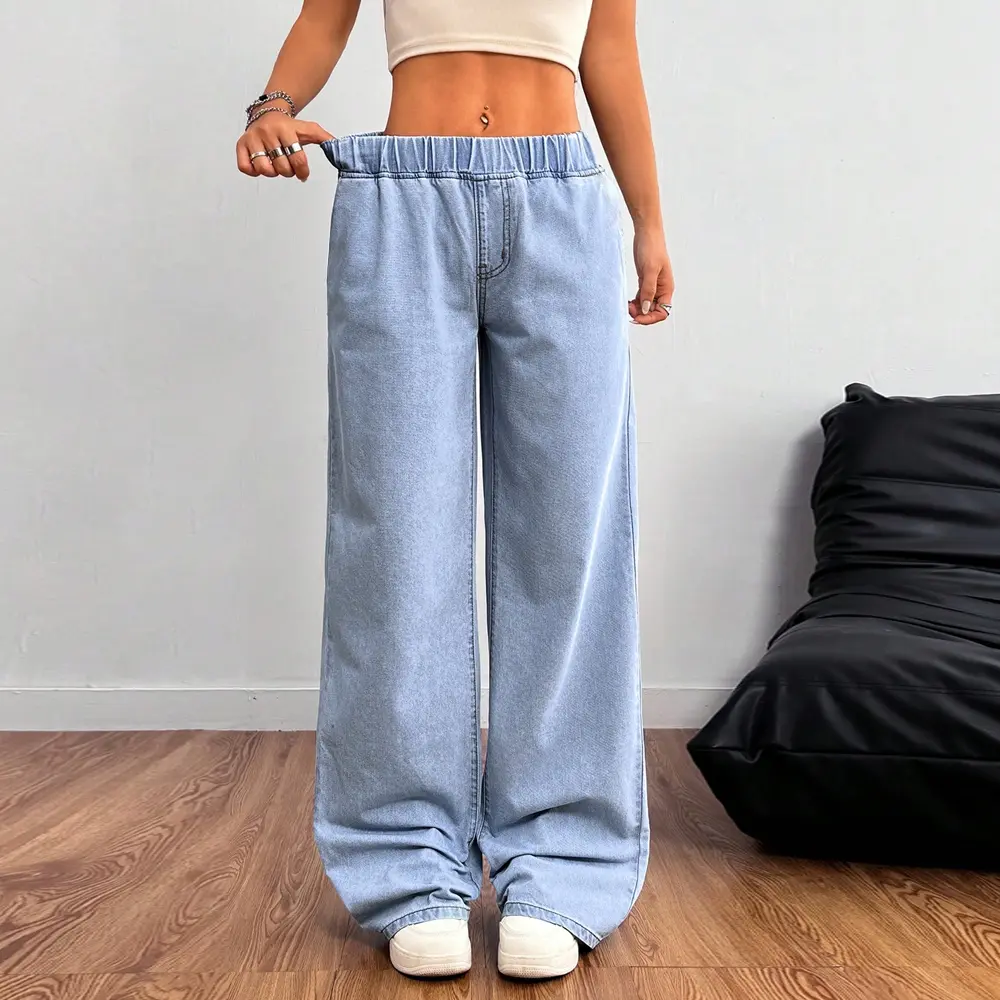 288# Celana Jeans Wanita Elastic Waistband Casual Solid Color Straight Ladies Baggy Denim Pants Panjang Biru Stretch