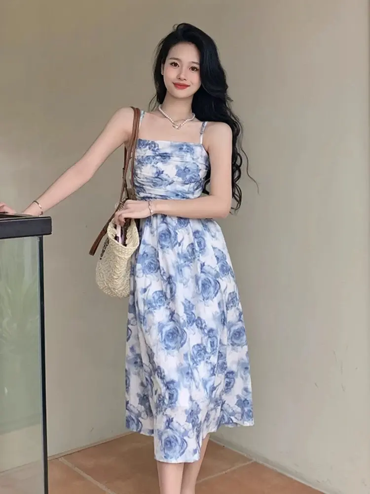 452) Blue Floral Dress Biru Muda Summer Elegant Long Dress Pantai Wanita  Korea Party import dress body press korean style terbaru 2024 kekinian  XS-4XL midi dress casual - Shop | Tokopedia