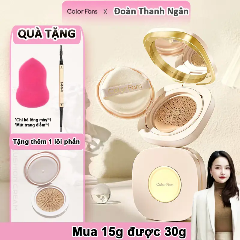 Phấn nước Color Fans, làm trắng, che khuyết điểm, giữ ẩm lâu, làm da rạng rỡ. Lớp nền tự nhiên, sản phẩm trang điểm dành cho nữ.