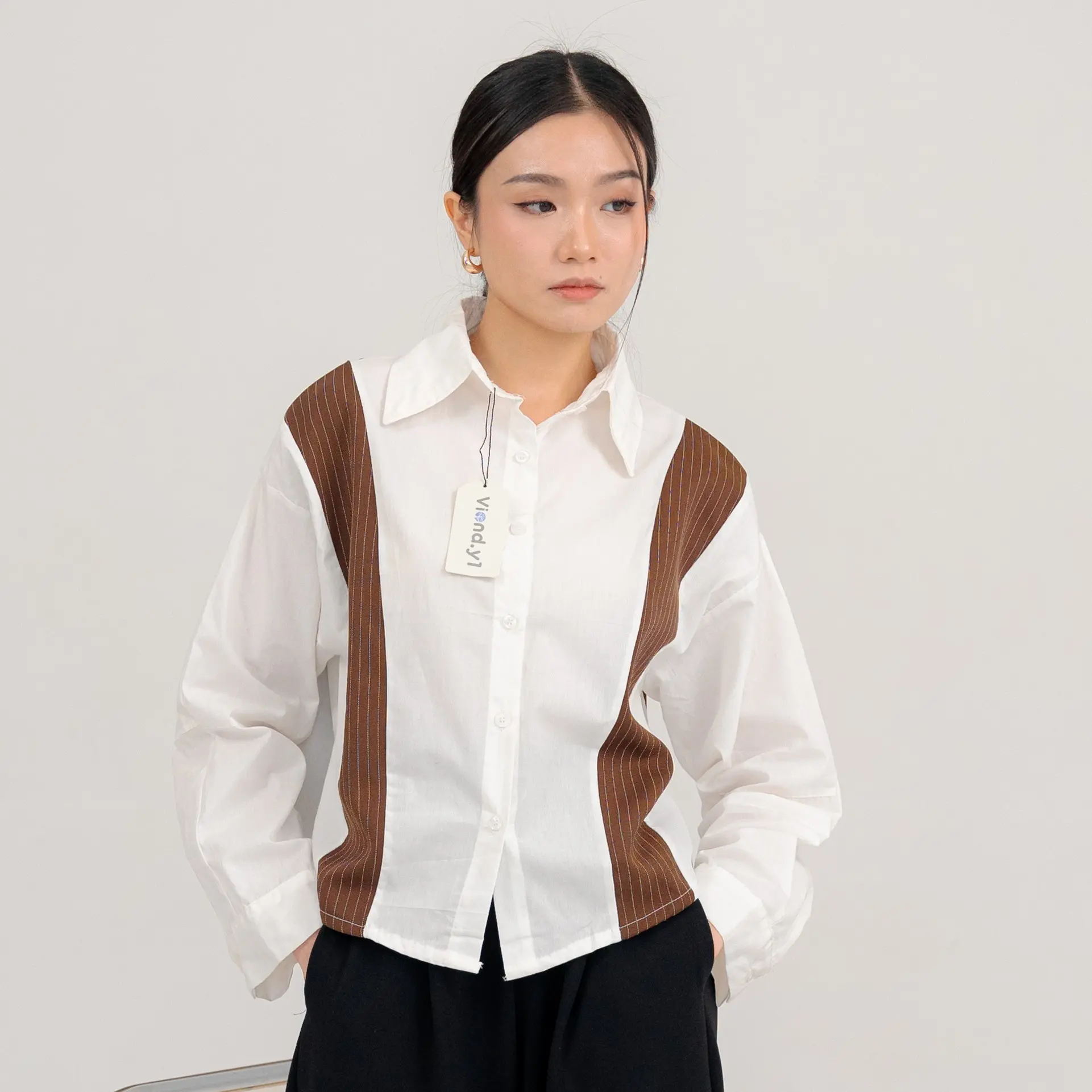 Blouse Kombinasi Katun Polos Dan Salur Wanita Terbaru / Atasan Kemeja Korean Style Long Sleeve E.208