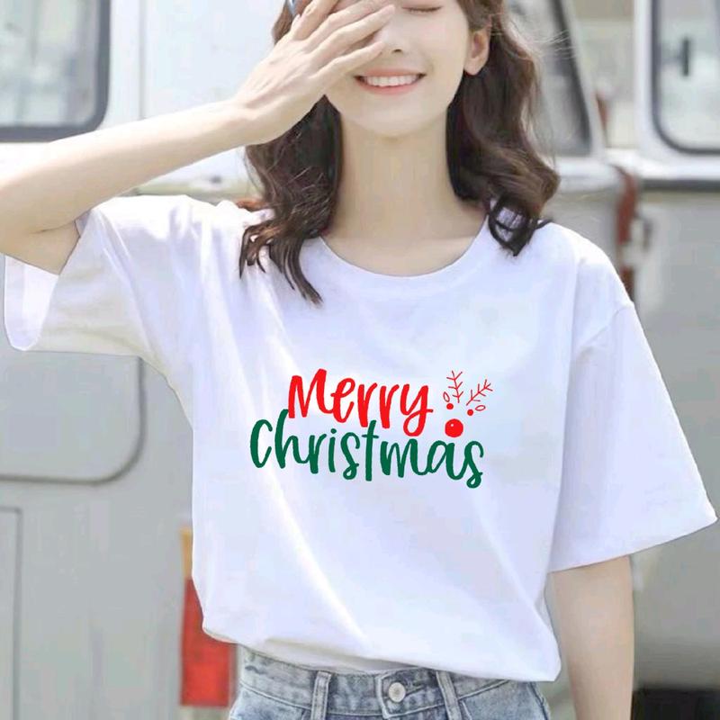 Baju Kaos Natal WANITA Motif Merry Christmas Tulisan baju natal baju natal Slim Fit Atasan Fashion tshirt baru 0