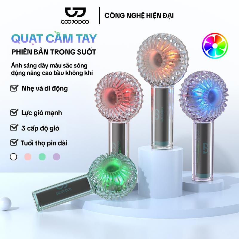 Quạt Cầm Tay Cầm Tay, GOOJODOQ, Thiết Kế PC Trong Suốt Sành Điệu, 3 Mức Tốc Độ, Đèn RGB, Thời Lượng Pin 8H, Sạc Type-C, Nhẹ Và Dễ Mang Theo, Dung Lượng Pin 1200mAh