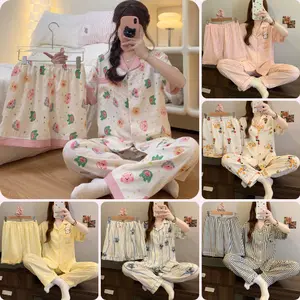 Baju Tidur Wanita 3 in 1 Piyama Perempuan Cloud Cotton SET Atasan Lengan Pendek + Celana Pendek & Panjang Bahan Motif Lucu & Nyaman Ukuran L XL XXL