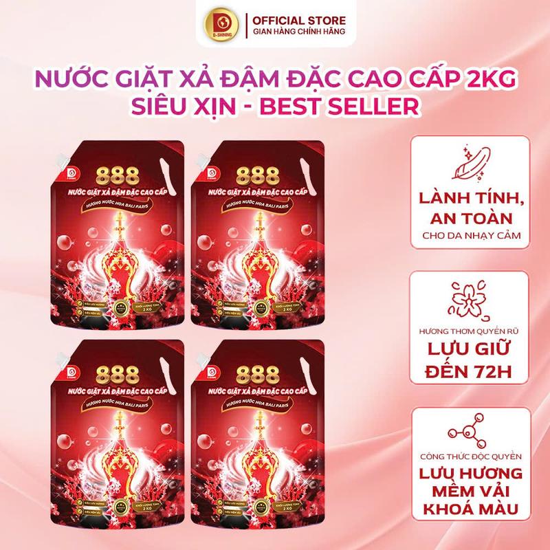 Combo 4 Túi Nước Giặt Xả Siêu Xịn Hương BALI PARIS Cao Cấp Best Seller của 888 2kg/ 1túi, thơm trên từng sợi vải an toàn cho da Giặt cửa Trên cửa Trước và giặt Tay đều được làm bền màu quần áo, dịu nhẹ an toàn cho da nhạy cảm Toppp5