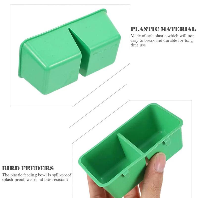 Product Introduction of Bird Seed Food Feeding Cups Plastic Pet Drinker Feeder Pigeon Parrot Double Trough Groove Tray 2in1 15