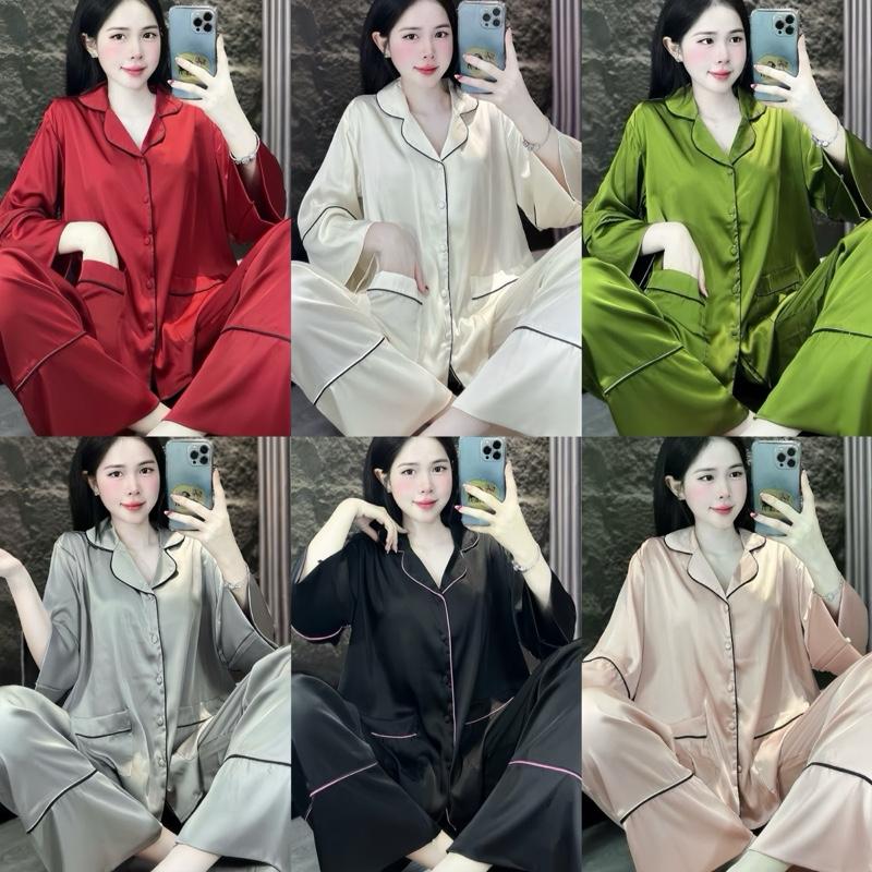  New  55-80kg  Set bộ piijama Latin Trơn Tay Lỡ Cánh Dơi Nút Bọc Quần Dài Viền Né chất Lụa Cao cấp Bigsize Nữ 