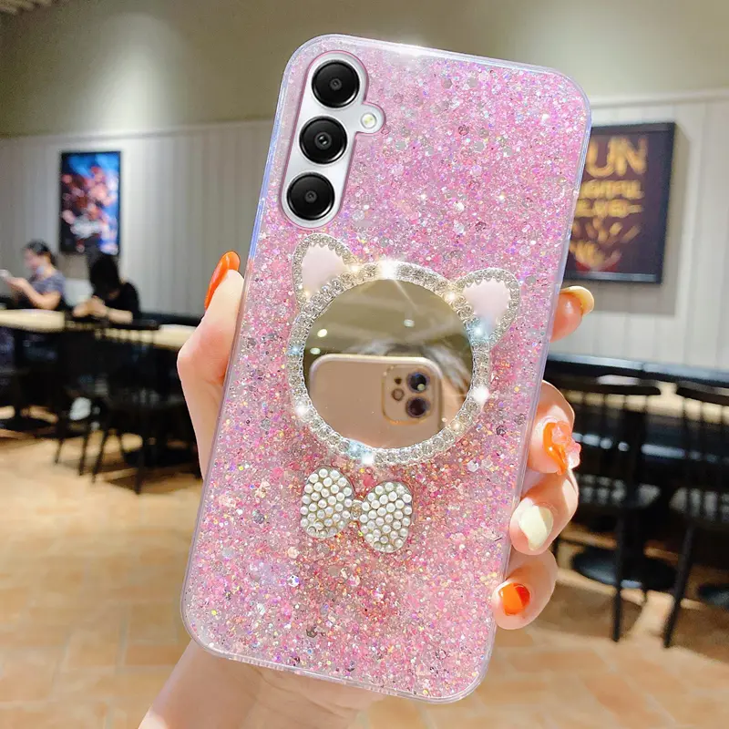 Bling Casing for Samsung Galaxy A15 A25 A35 A55 5G A05 A05S A04S A54 A34 A24 A14 A13 Dazzling Cat Ears Makeup Mirror Soft TPU Phone Case