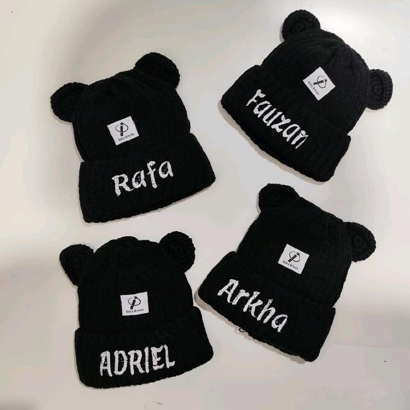 Topi Kupluk Telinga Anak Bayi INURHA Bordir Nama dg LABEL 2