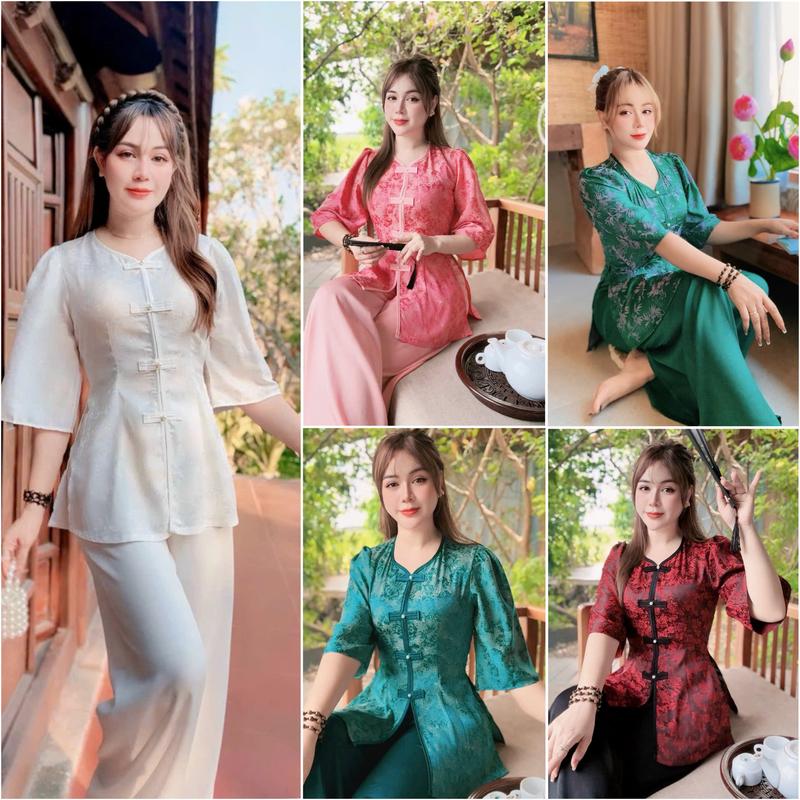 SET LAM NÚT ĐÍNH NGỌC (SD299) Bộ Bà Ba Nữ , Bộ Pháp Phục Lễ Chùa, Bộ Đồ Lam Đi Chùa