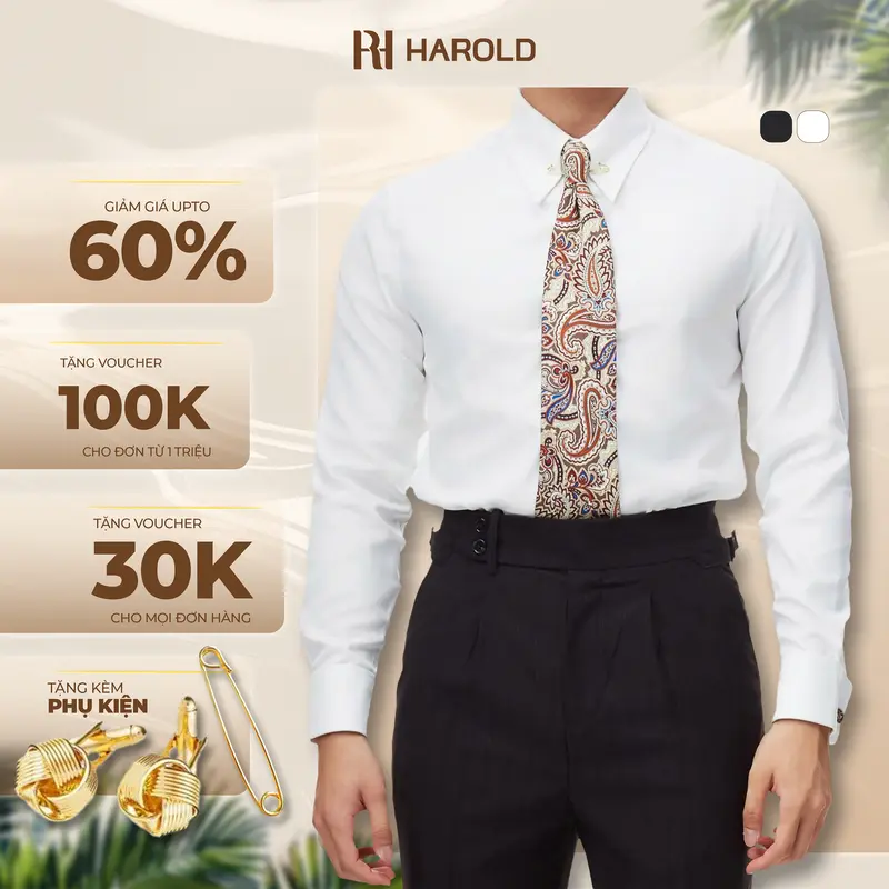 Áo Sơ Mi Nam Trắng Dài Tay Nam Cao Cấp Harold Collar Pin Cufflinks Công Sở Thanh Lịch, Slimfit Tôn Dáng 0