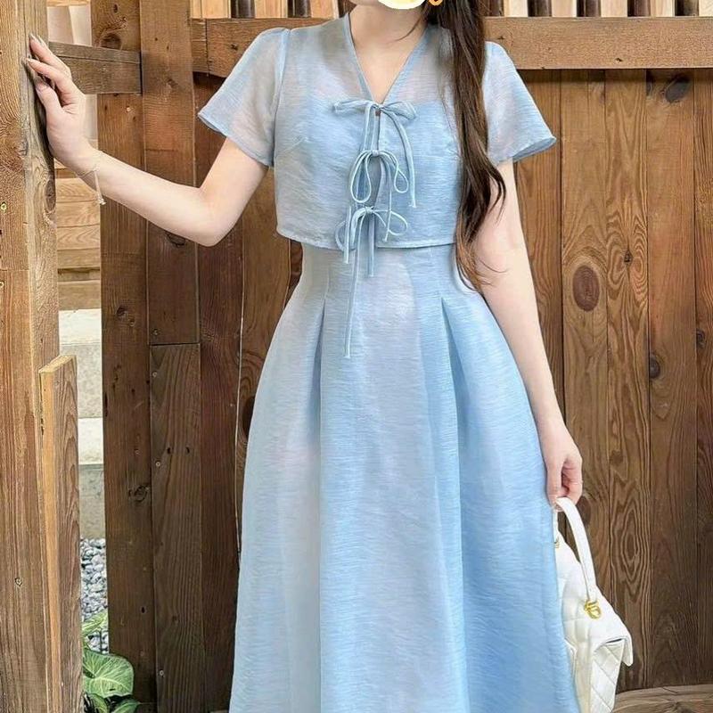  Set đầm váy nữ kèm áo khoác cột nơ tiểu thư nhẹ nhàng xinh xắn women 