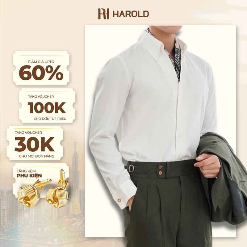 Áo Sơ Mi Dài Tay Nam Cao Cấp Harold Cổ Button Down + Cufflinks Đi Chơi, Đi Tiệc Thiết Kế Sang Trọng, Vải Cotton Thoáng Khí, Co Giãn Chống Nhăn, Thấm Hút Mồ Hôi, Đứng Form Slimfit Tôn Dáng, Thanh Lịch - Hàng Cao Cấp Menswear