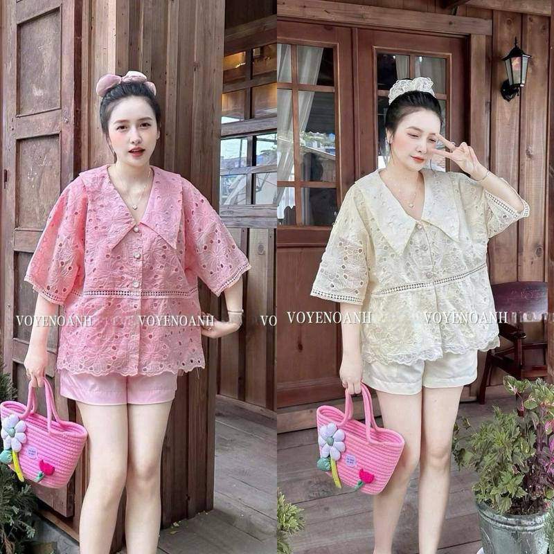 BIGSIZE HIẾU HIẾU (55-95KG) - Set thời trang nữ babydoll Áo ren hoa cổ bèo nhọn + Quần đùi ngắn S544