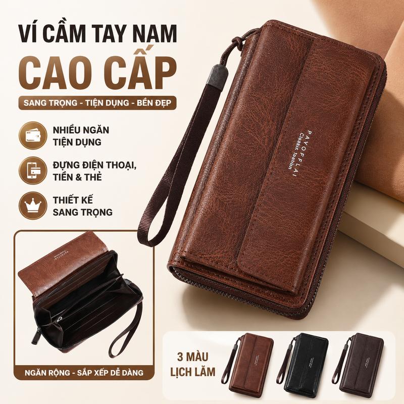 Ví cầm tay đựng điện thoại di động bằng da PU cho nam nhiều ngăn đựng thẻ dung…
